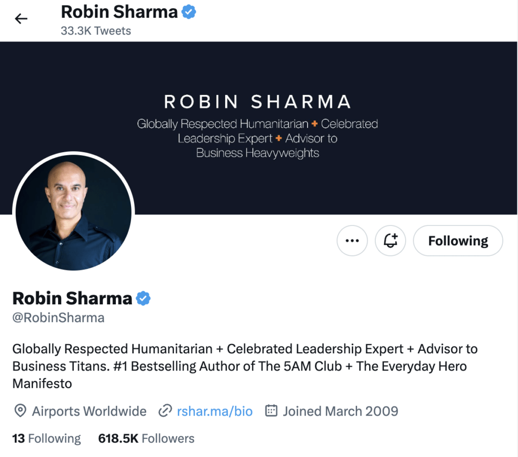 Robin Sharma Twitter Profile