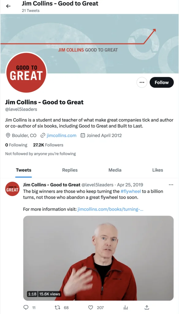 Jim Collins Twitter profile 2023