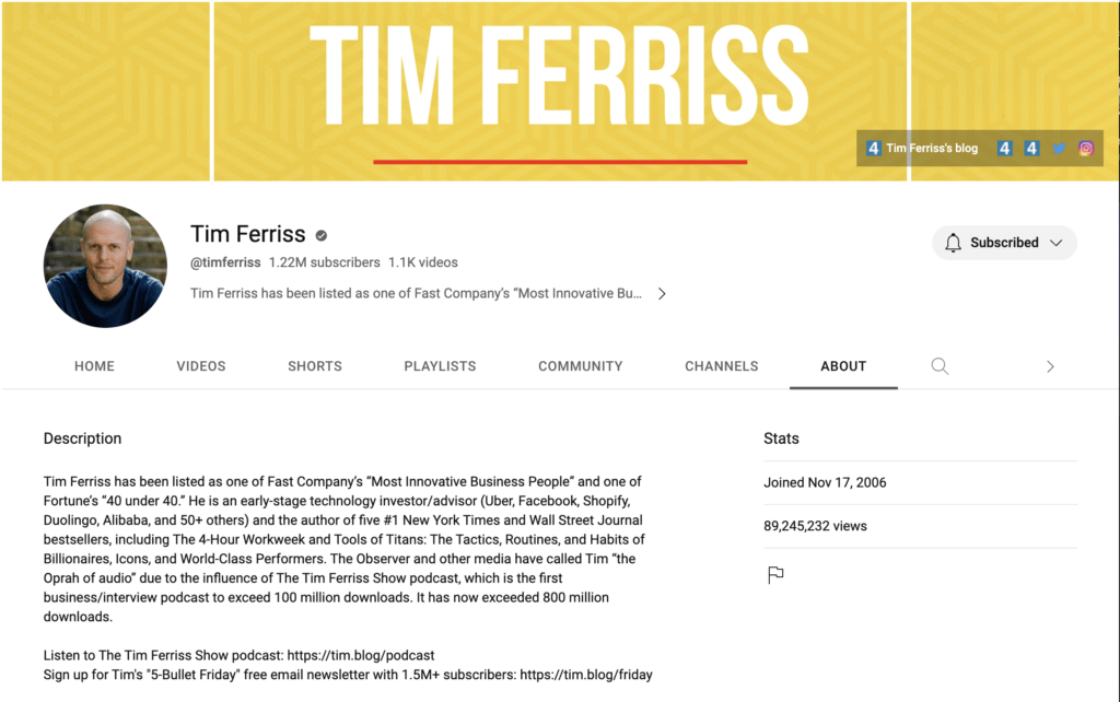 Tim Ferriss Youtube Channel 2023